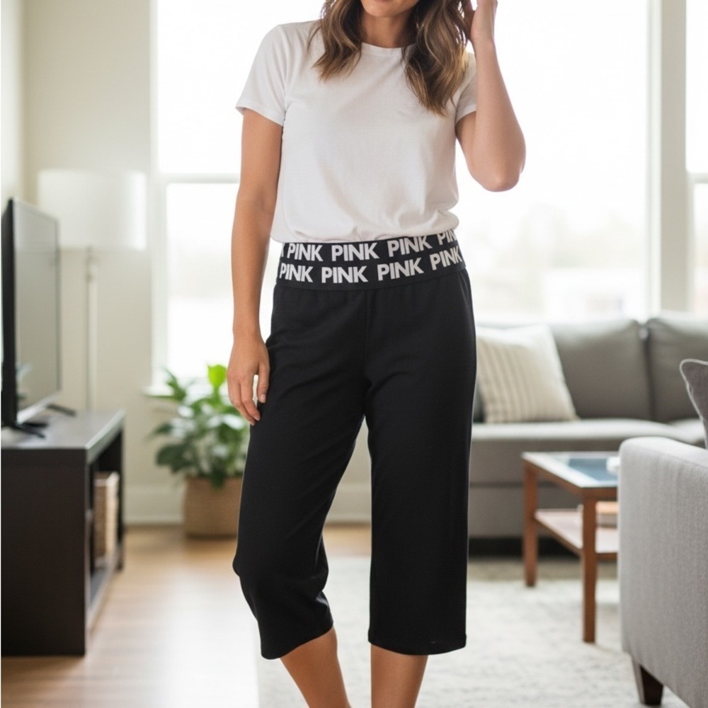 PINK Victoria's Secret Black Capris with Logo Waistband
